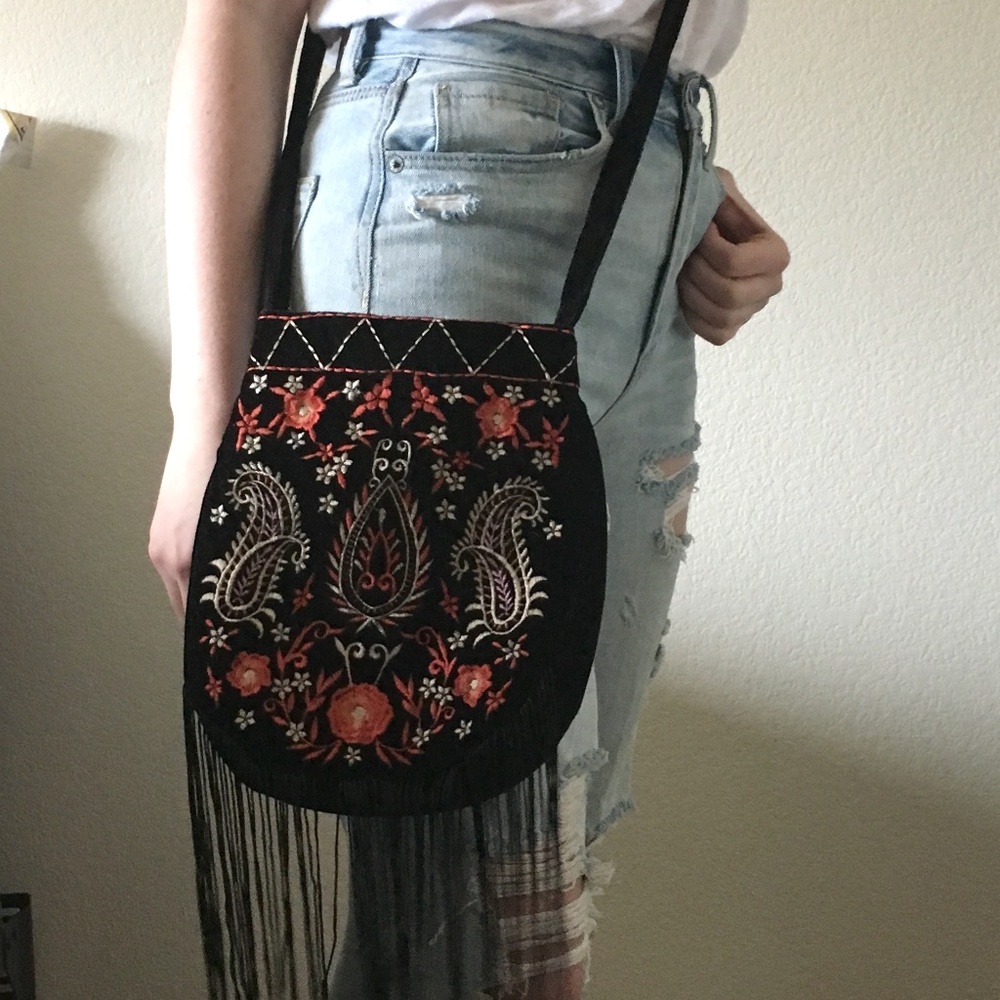Black Embroidered Purse with Fringe